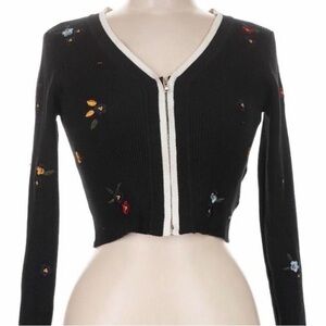 J.ING Black Cropped Zip Cardigan with Multicolor Floral Embroidery